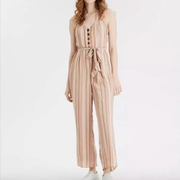 American Eagle Striped Tie Front Halter Jumpsuit button detail wide leg - Picture 2 of 13